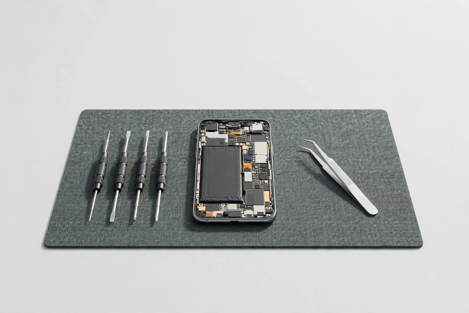 A tidy repair bench with tools and a phone