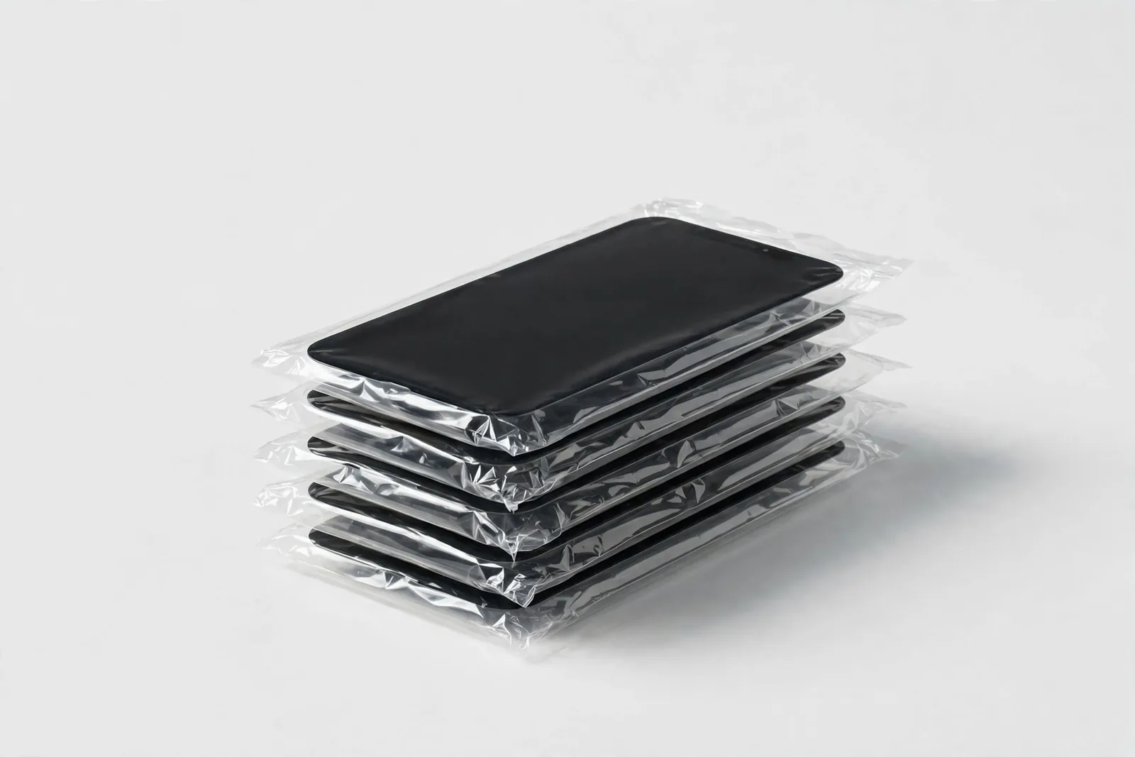 Replacement phone screens stacked on a table