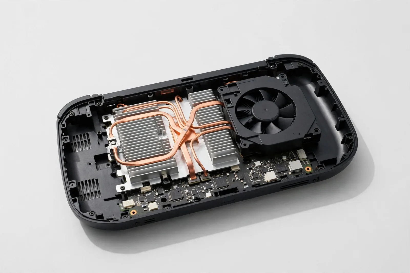 An opened game console on a work mat